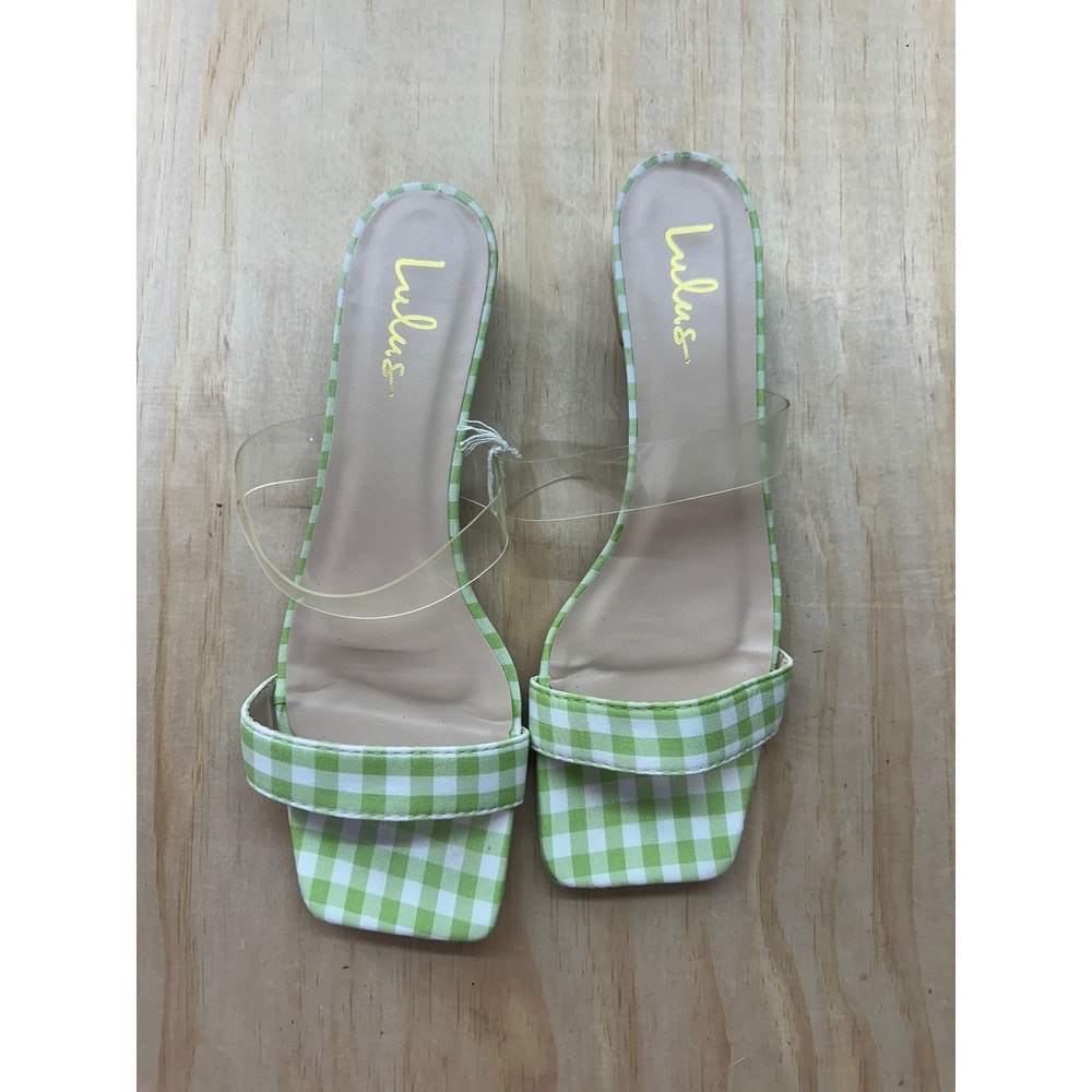 Lulus Roniah Green Gingham Slide Sandals Square Toe Clear Strap Size 10